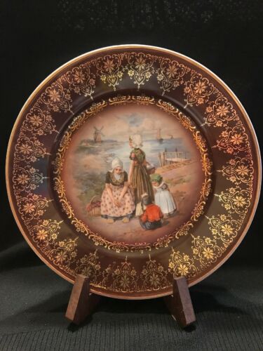 Antique Royal Vienna Hand Painted Plate Dutch Windmill Sail Boat Woman Children