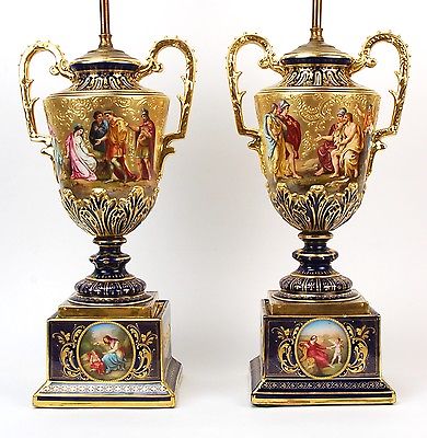 Antique Pair Royal Vienna Fine Hand Painted Porcelain Urns Mounted Lamps