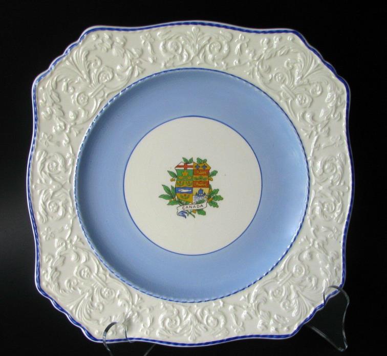 Royal Winton Canada Crest Cake Plate Vintage 1938 Square Plate Light Blue Band