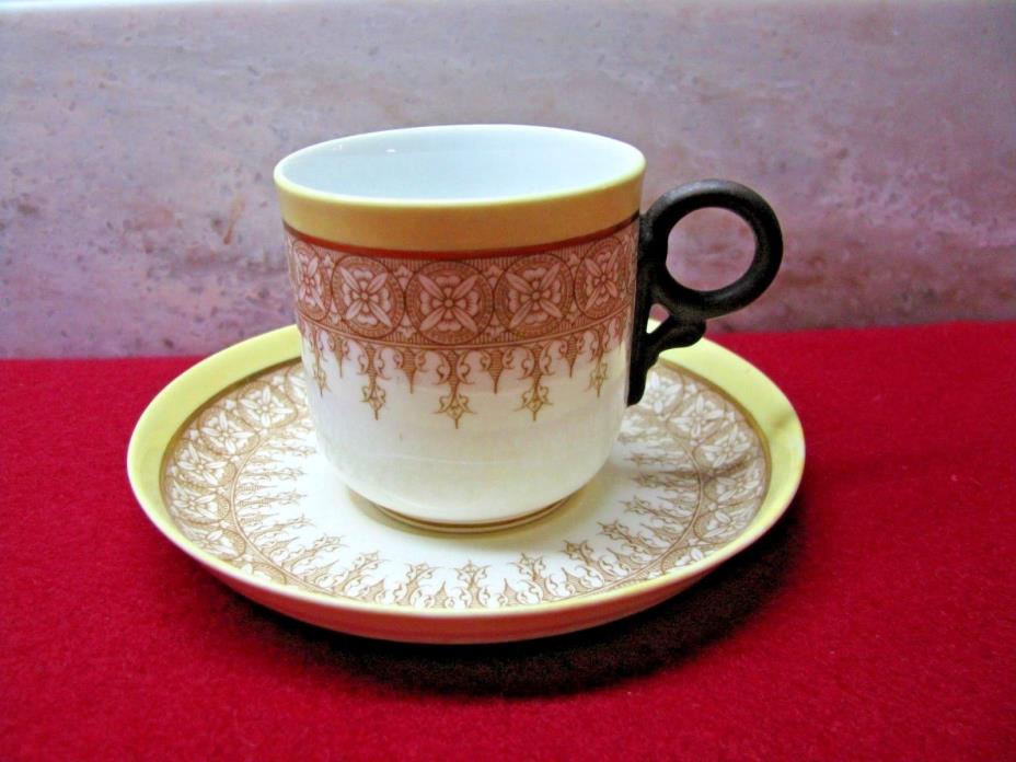 ANTIQUE ROYAL WORCESTER PORCELAIN DEMITASSE CUP AND SAUCER-YELLOW/TAN/GOLD-1888