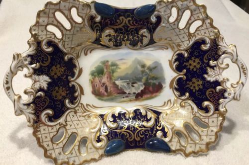 G Gesinger WORCESTER Reticulated Gold Hand Painted Footed DISH The View In Italy