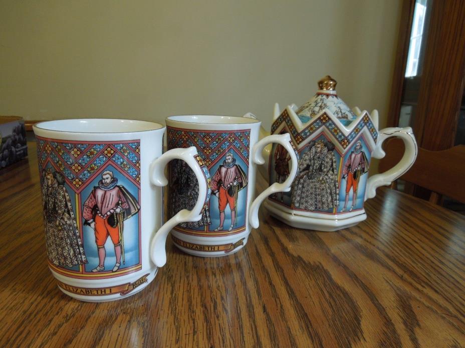Sadler Teapot & 2 Mugs #4442 Fine Bone China Elizabeth 1 Queen of England