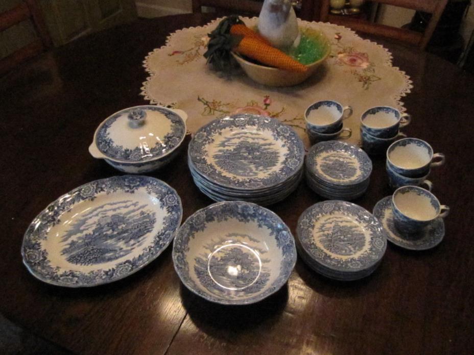 STAFFORDSHIRE IRONSTONE ENGLISH VILLAGE BLUE/WHITE BY SALEM CHINA 39 ITEMS