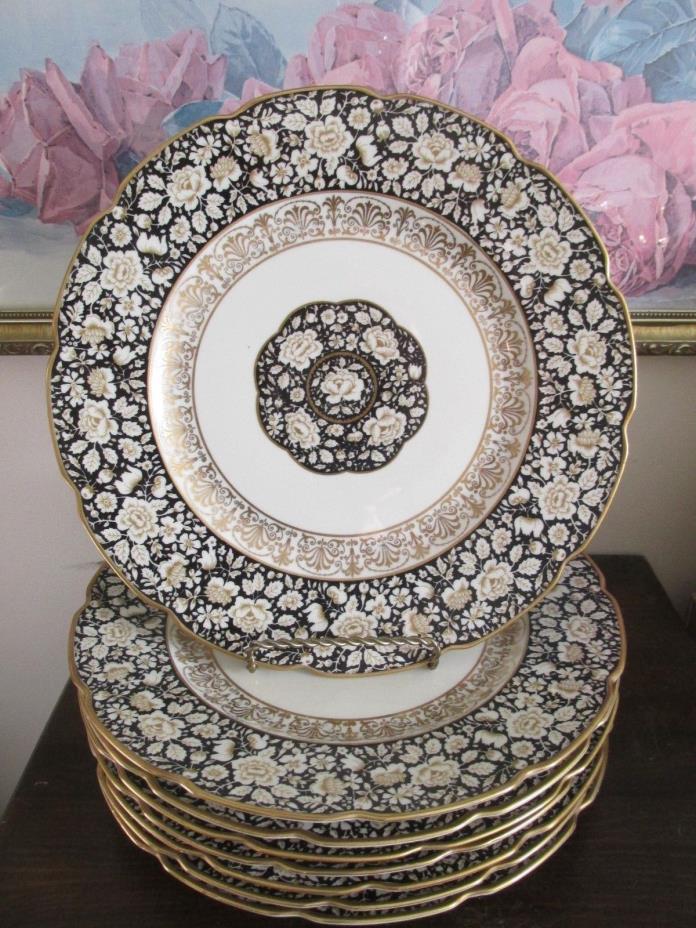 Schumann Bavaria Germany Porcelain Set Of 8 Dinner Plate Black Gold Roses