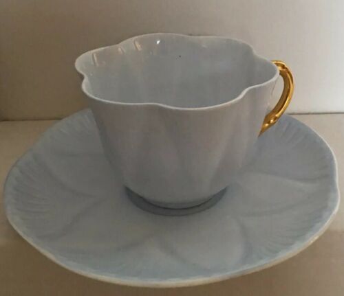 Shelly Tea Cup Teacup Saucer Pastel Baby Blue With Gold Handle Dainty