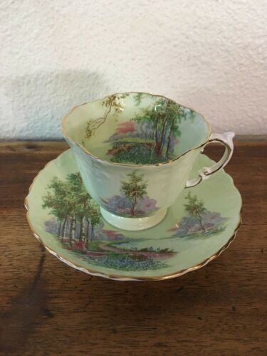 Ansley China - Trail Scene Woodland Park Light Green cup and saucer