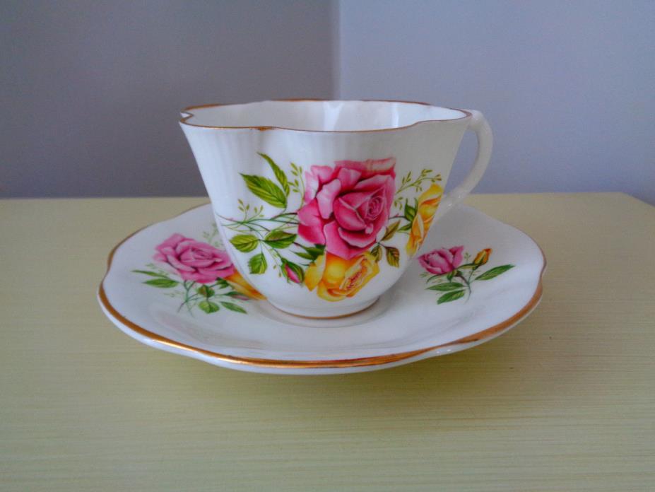 SHELLEY LARGE PINK AND YELLOW ROSE TEACUP AND SAUCER