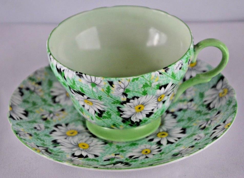 Vintage Shelley China Green Daisy Chintz footed Cup and Saucer #13450