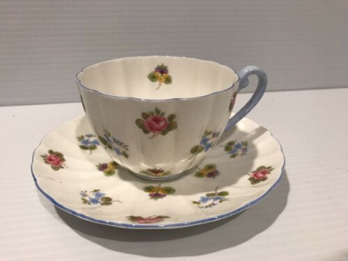 Shelley - Rose, Pansy, Forget-Me-Not Cup & Saucer BLUE HANDLE TRIM ENGLAND