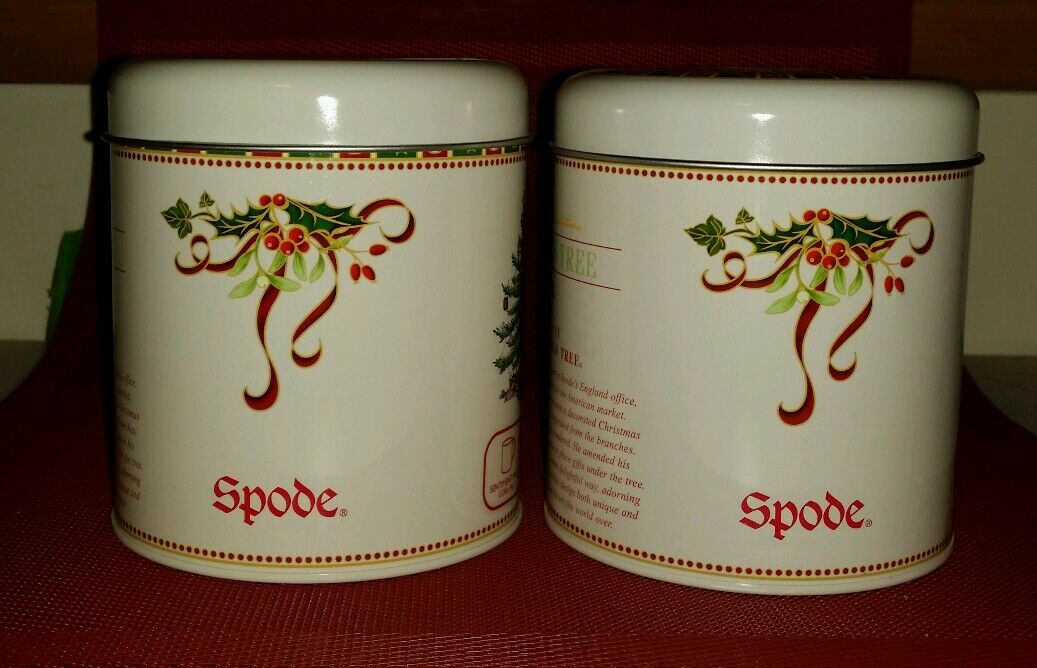 LOT OF 2 SPODE Christmas Tree Cups Mugs in Tins May Your Holidays Merry & Bright