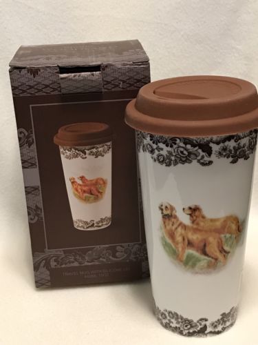Spode Woodland Golden Retriever Hunting Dog Travel Mug With Lid NEW in Box 15 oz
