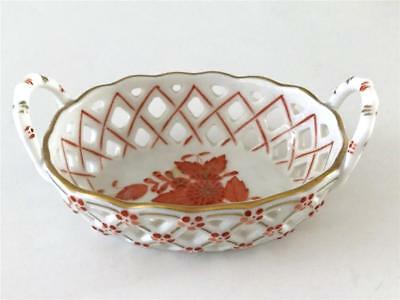 Herend Hungary Open Weave Basket Porcelain Lattice Handles Orange Mini 7425