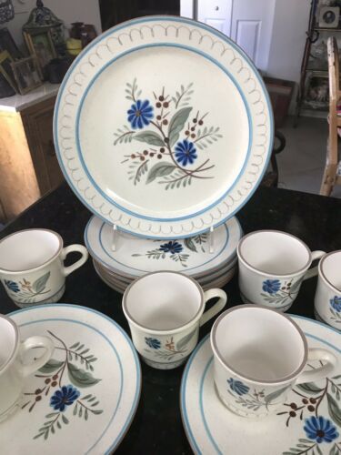15pc STANGL  Pottery Hand Painted BLUE DAISY Cups & Snack Tray Plates