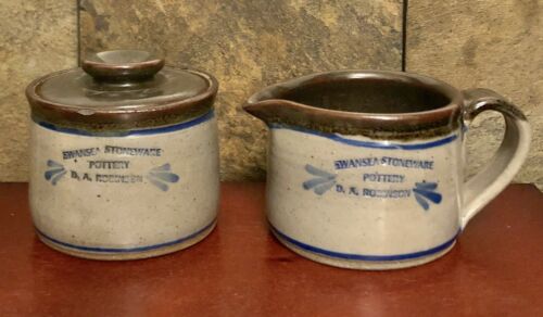 Swansea Stoneware Pottery D.A. Robinson Sugar & Creamer Set Blue, White & Brown
