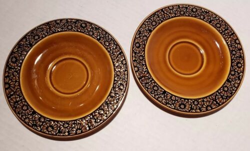 IRONSTONE DAISY Pattern Stoneware SAUCER PLATES (2) Brown Flowers