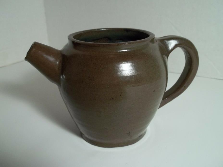 Vtg JH Small Stoneware Teapot Brown & Green Outside Aqua Blue & Copper Inside