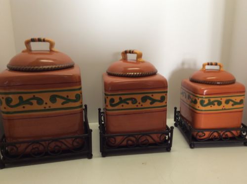 Set Of 3 Celebrating Home And Garden Party Tuscan Canisters Stoneware