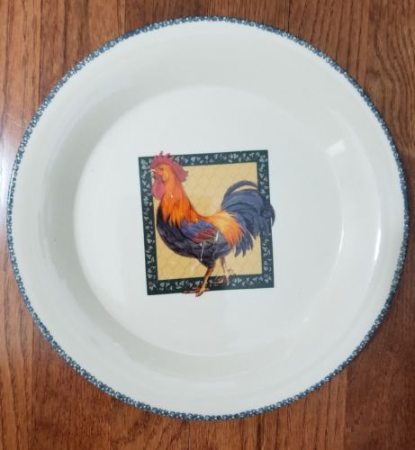 SET OF TWO 2 Home & Garden Party Rooster Dinner Plate Stoneware Off White    EUC