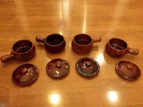 Vintage 4 Handthrown Pottery Soup Crock Chili Bowls with Handle & Lids