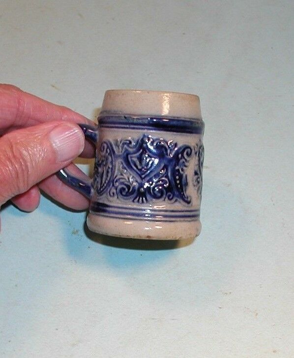 Early 1900's Molded Stoneware Miniature Mug Blue & Grey
