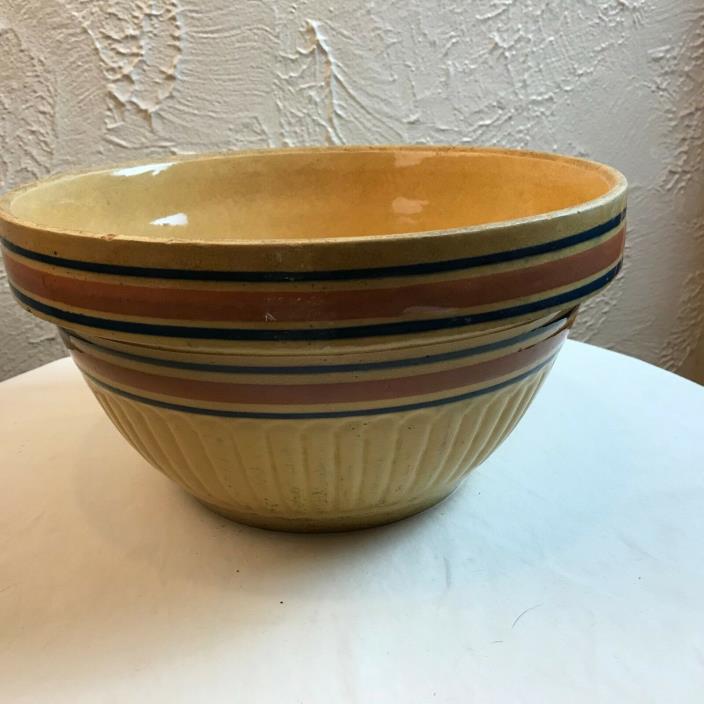 Antique Yelloware Pink and Blue Banded Stoneware 10 1/2