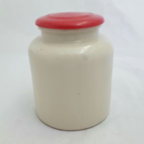 Vintage Mustard Stoneware Crock Original Red Plastic Lid