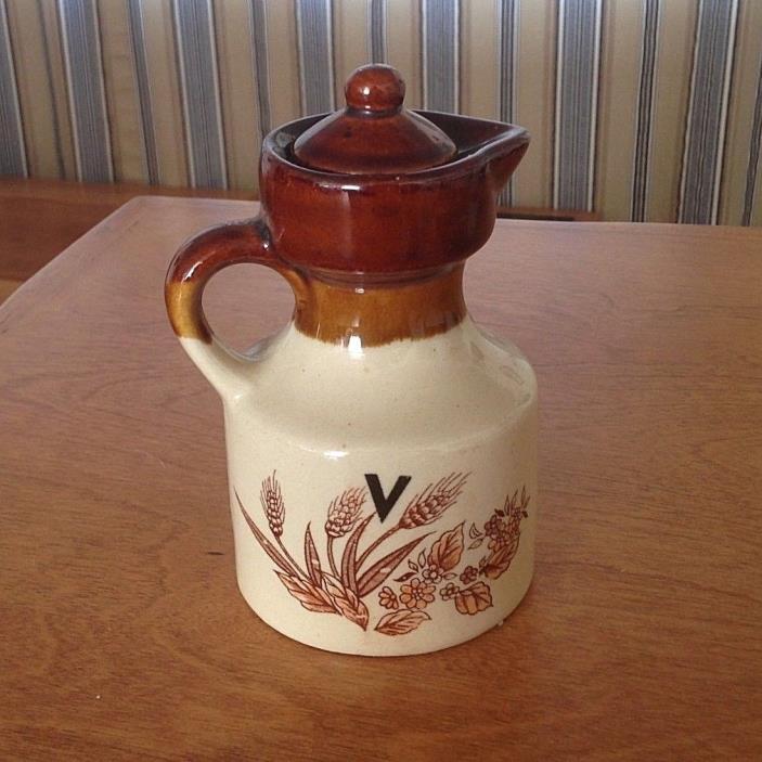 Sm. Stoneware Pottery Crock Jar w/Lid, Pour Spout, Finger Loop, Wheat Design & V