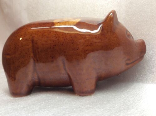 Stoneware Pottery Piggy Bank Brown Spotted Sponge ware Coin Pig Figurine vtg B10