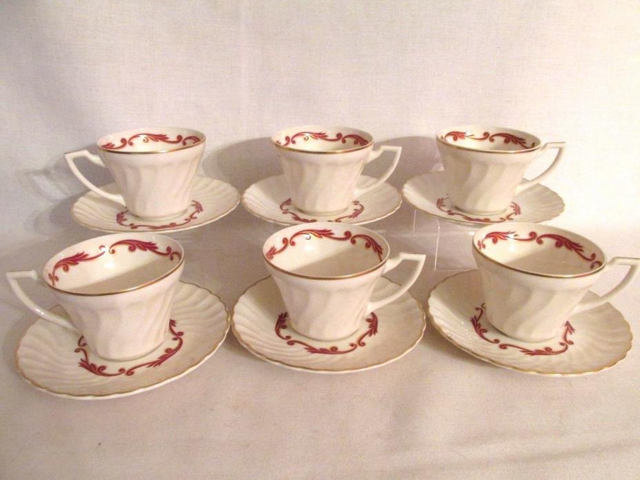 SYRACUSE CHINA BAROQUE 6 FOOTED CUPS & SAUCERS GOLD TRIM FLUTED EDGE