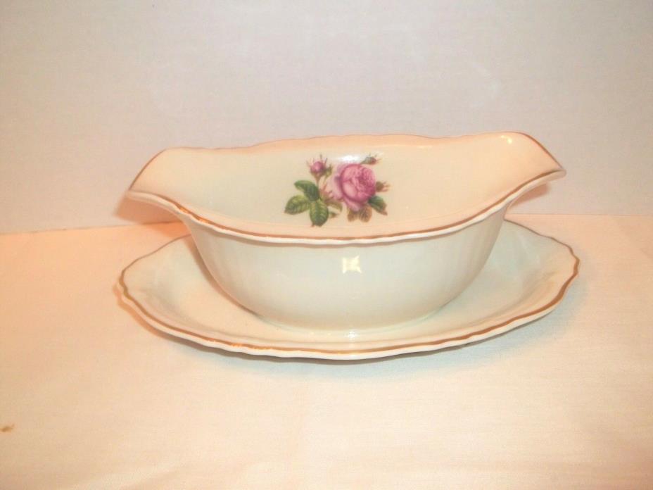 Vintage Syracuse Rosalie Gravy Boat w/Attached Underplate-Federal Shape-Made USA