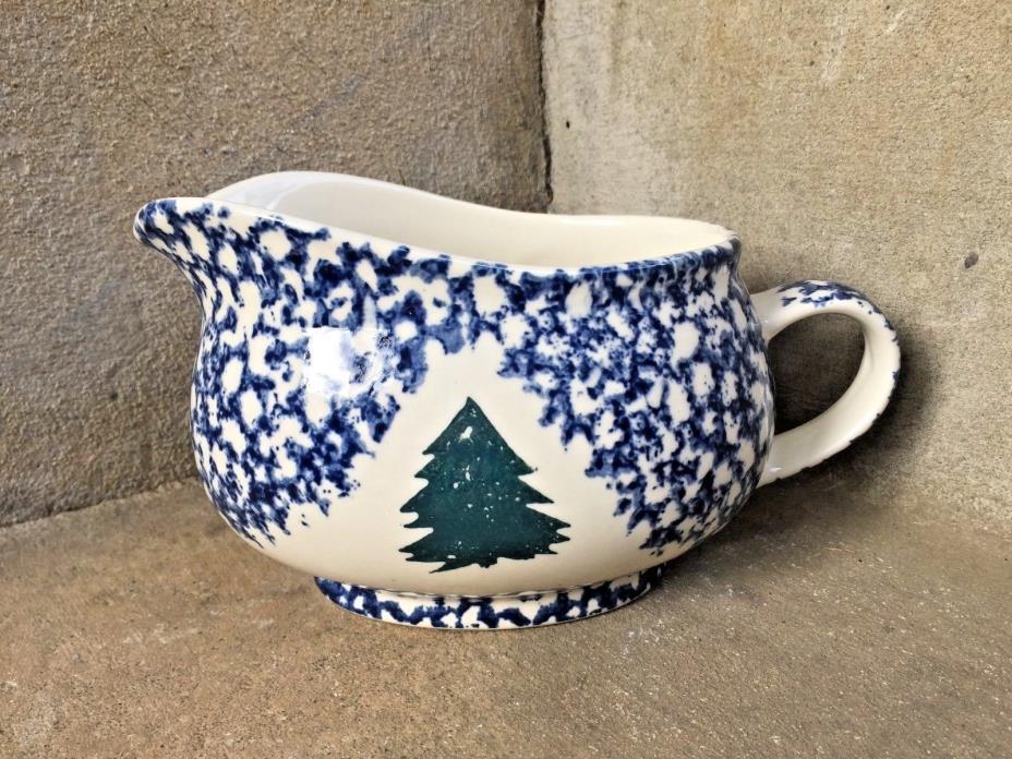 Folk Craft Cabin in the Snow Tienshan Christmas Holiday Gravy Boat Blue Speckle