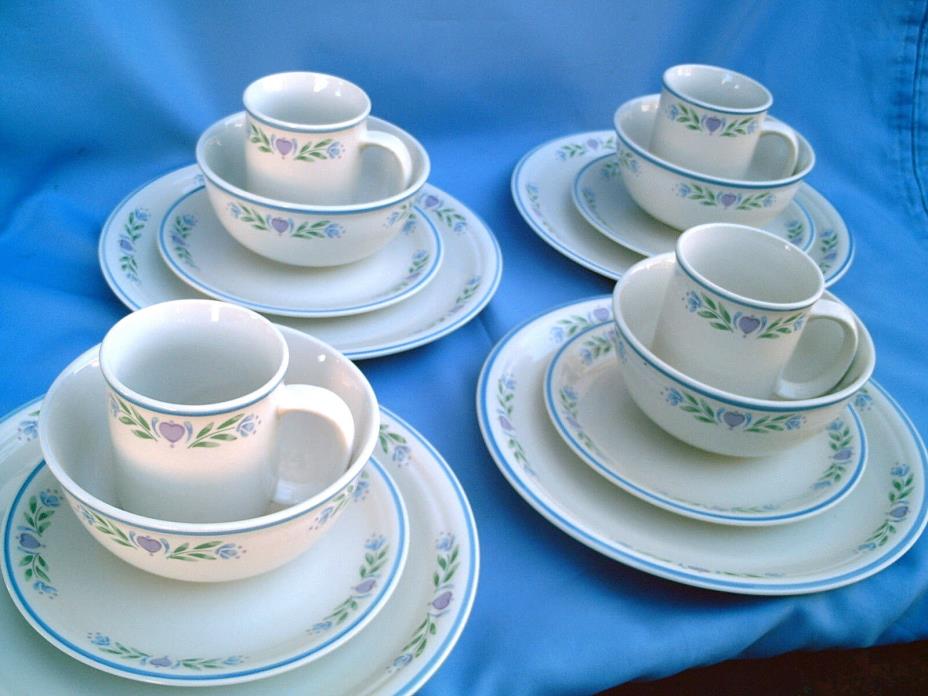 VINTAGE 16Pc Set Of Tienshan Folk Craft Laurel Heart Cups, Dinner Plates & Bowls