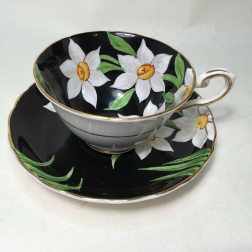 VINTAGE Tuscan Tea Set Teacup Saucer Fine Bone China ENGLAND Black White Floral