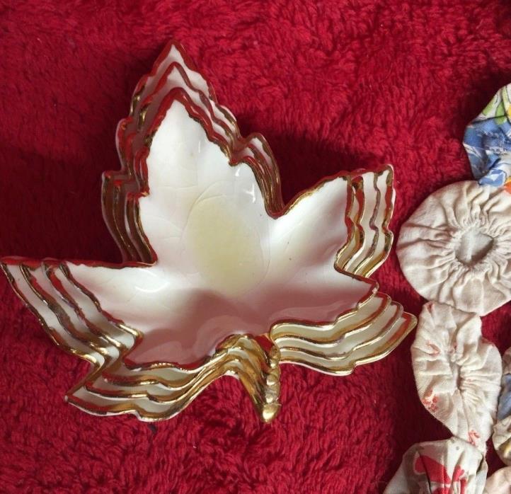 Vintage Set of 4 Nesting Maple Leaf China Dishes Gold Leaf Trim Tea Bag Holders