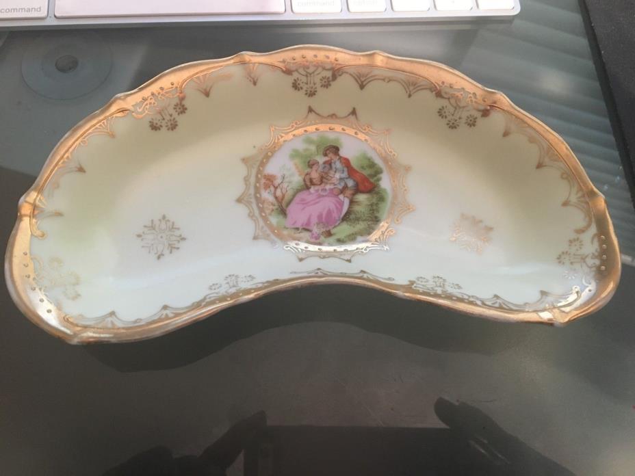 SMALL SERVING DISH WITH COURTING COUPLE GOLD RIM
