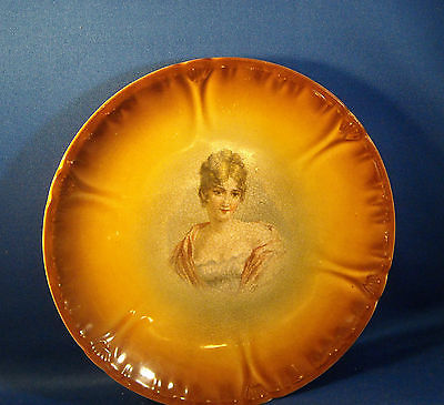 ANTIQUE VICTORIAN LADY PORCELAIN PORTRAIT CABINET PLATE - AIRBRUSHED BROWN
