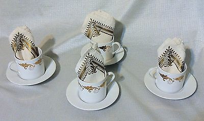 VTG Set 4 Demitasse Cups-Saucers-Gold Embossed & Linen Napkins Exc Luncheon Tea