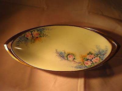 Vintage Floral Hand Painted Oval Bowl with Gold Trim and Handles