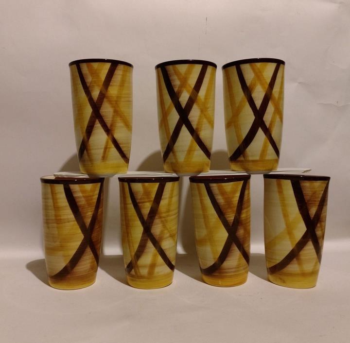 Vernon Kiln Metlox Poppy Trail ORGANDIE Yellow Brown PLAID GLASS TUMBLER Mint