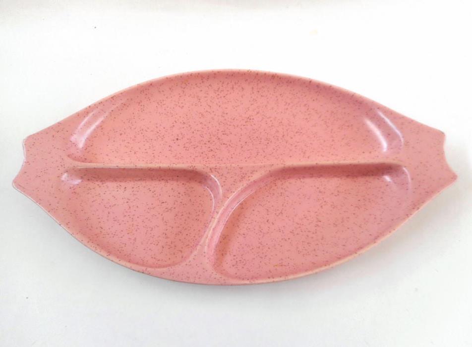 Vintage Mid-Century Metlox Vernonware Speckled Pink Divided Relish Dish Plate
