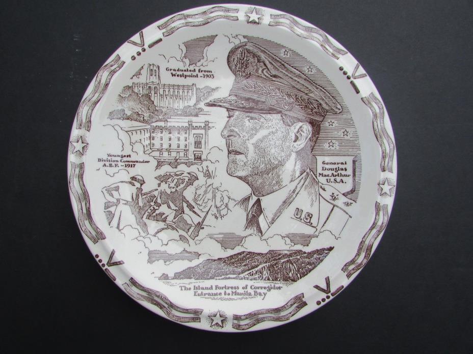 Vernon Kilns Collector Plate  General Douglas MacArthur Brown Transfer Print EUC