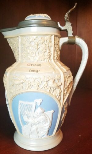 Large Antique Villeroy & Boch Mettlach Wine/Beer Pitcher With Lid - 1874-1909