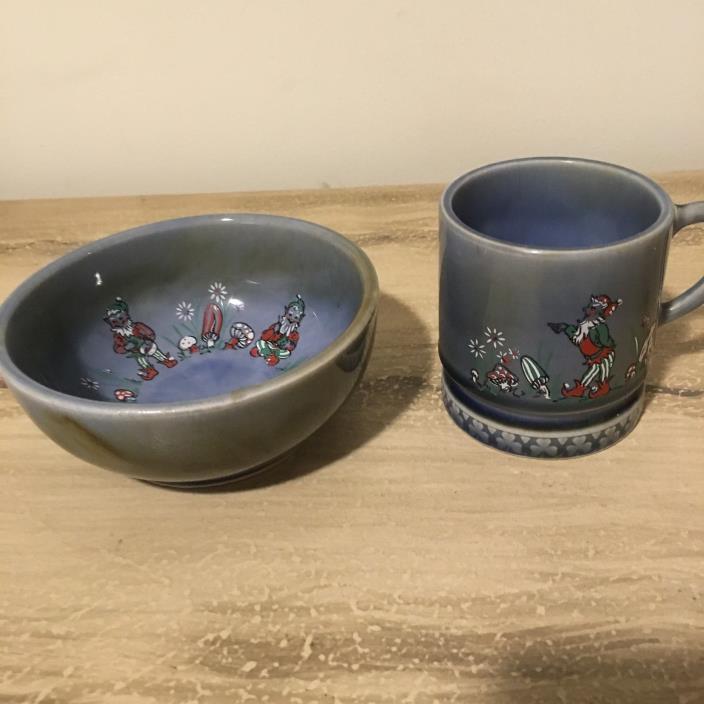 Vintage Wade Irish Porcelain Leprechaun Gnome Children's Cereal Bowl and Mug Cup