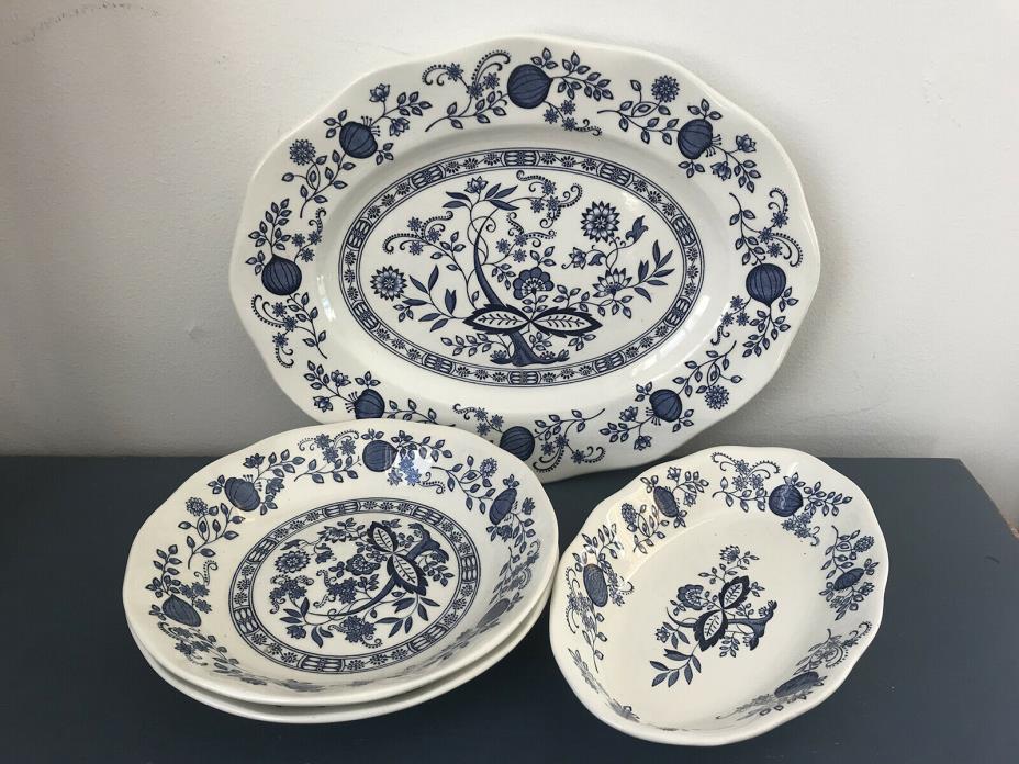 Lot 5 Enoch Wedgwood (Tunstall ) Ltd. Blue Heritage (Onion) Oval Platter Bowls