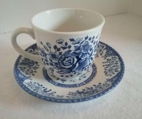 WOOD & SONS England Blue White Floral CUP & SAUCER SET EUC
