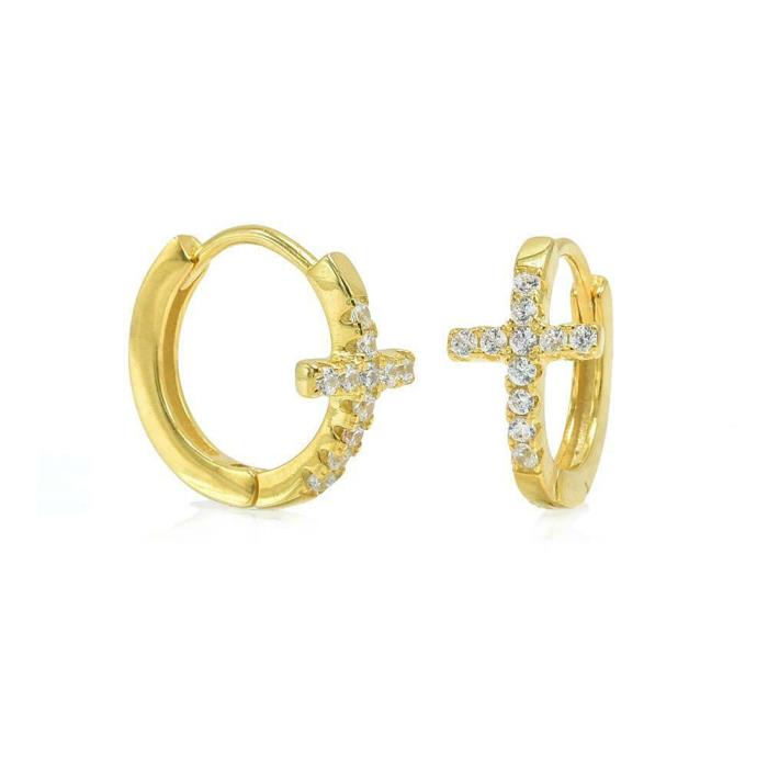14k Yellow Gold Over Sterling Silver Round Diamond Cross Huggie Hoop Earrings