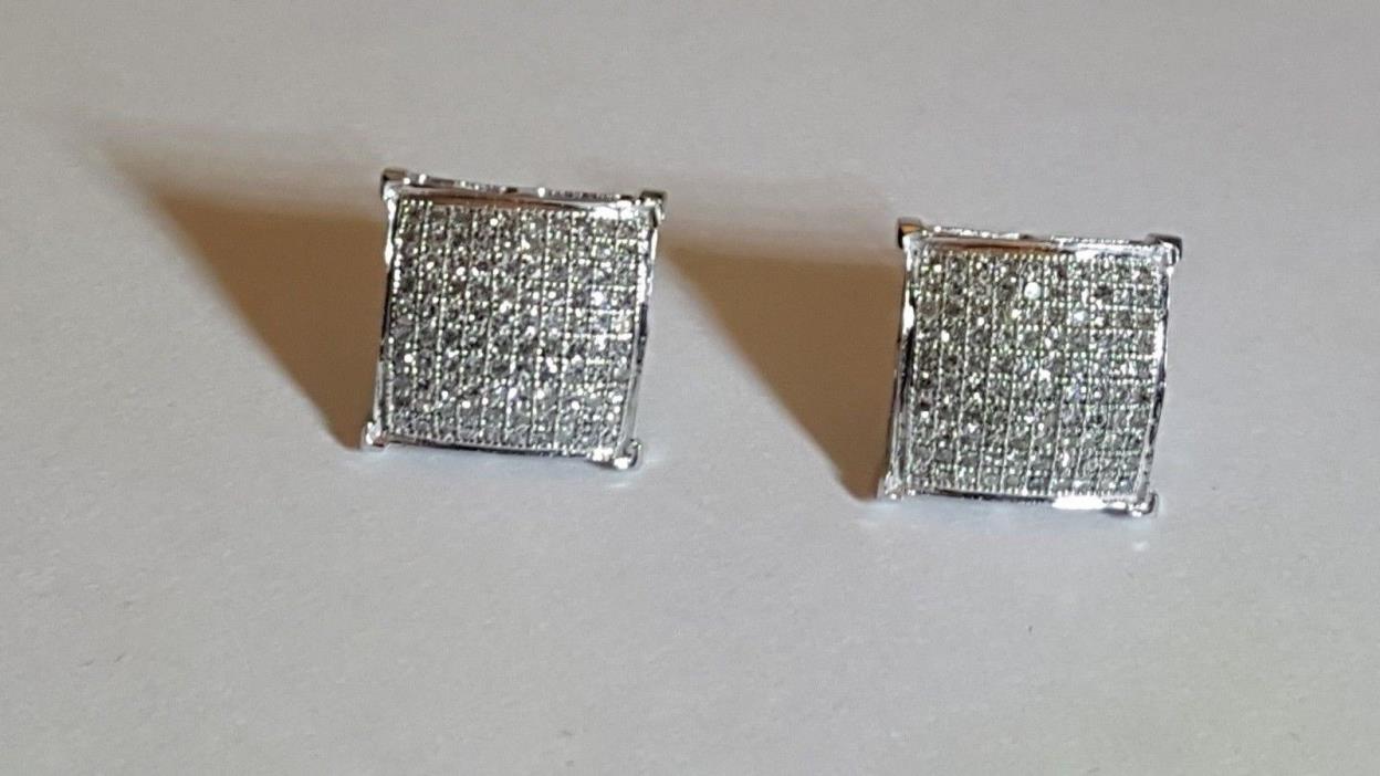 14 K White Gold Pave Squares Diamond Stud Earrings