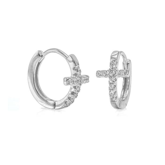 14k White Gold Over Sterling Silver Round Diamond Cross Huggie Hoop Earrings