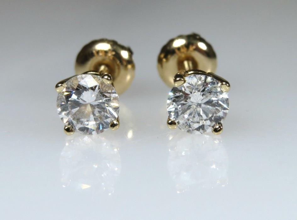 14K Yellow Gold Diamond Stud Round Earrings .81 CTW Screw Back