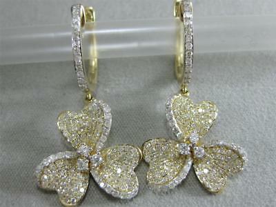 MODERN PAVE DIAMOND 14KT Y GOLD HANGING 3 LEAF FLOWER HEARTS EARRINGS #E58013YP